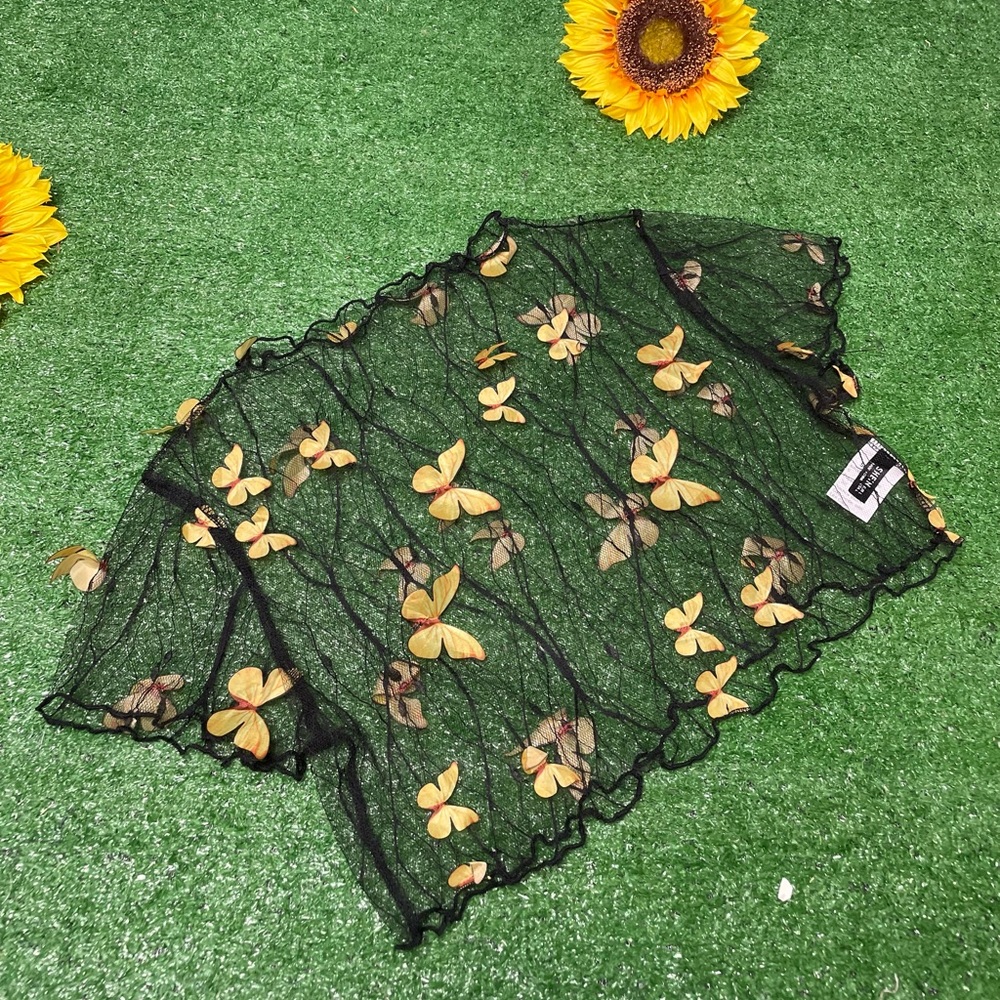 Black Transparent Crop Top with Butterflies